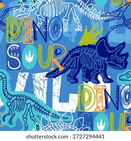 Padrão perfeito para camisetas com esqueletos coloridos de dinossauros. Design de impressão para menino em fundo verde. Vetor de estilo Grunge