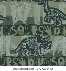 Padrão perfeito para camisetas com esqueletos coloridos de desenho de dinossauros e palavras Design de impressão para menino em fundo verde. Vetor de estilo Grunge