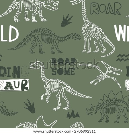 Seamless pattern for t-shirts with colourful drawing dinosaur skeletons. Print design for boy on green background. Grunge style vector
