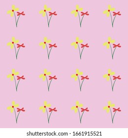 patrón impecable para pantalones en T, cuadernos, flores en un estilo infantil sobre un fondo rosa