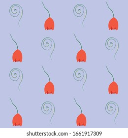 Patrón sin problemas para pantalones en T, cuadernos, flores tulipanes en un estilo infantil sobre un fondo lila