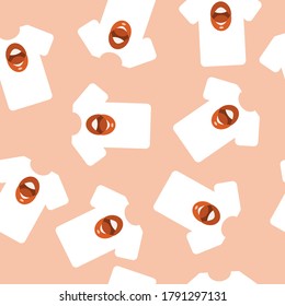 Seamless pattern with T-shirts on a pink background. Print with mouth. Vector illustration.