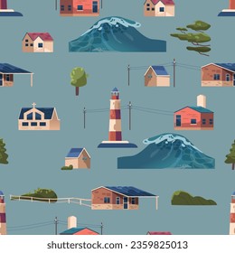 Seamless Pattern with Tsunami, Natural Disaster Elements. Sea Wave, Beacon, Voltage Towers, Trees, Bushes And Buildings