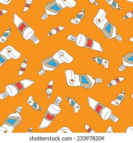 Seamless pattern of tubes of paint on an orange background. Vector illustration.