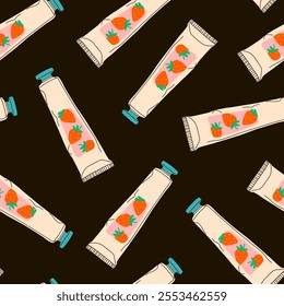 Seamless pattern with tubes of strawberry-flavored toothpaste. Oral care items. Dental hygiene. Vector illustration of toothpaste in a flat style