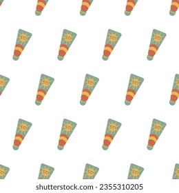 Seamless pattern with tubes of sunscreen. Retro summer background