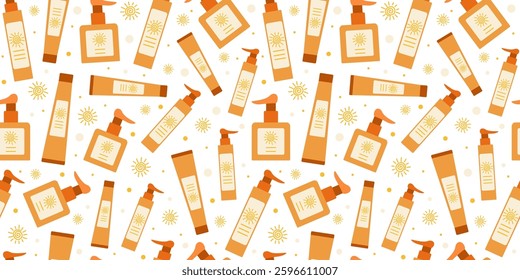 Seamless pattern with tubes of sunscreen. Skin care, protection. Use sunscreen cosmetics. Moisturizes and protects the skin from the sun's ultraviolet radiation. Repeating background, wallpaper decor.