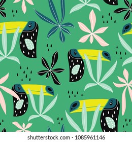 Seamless pattern with tucan, elepahant, monkey and tropical elements. Creative jungle childish texture. Great for fabric, textile Vector Illustration