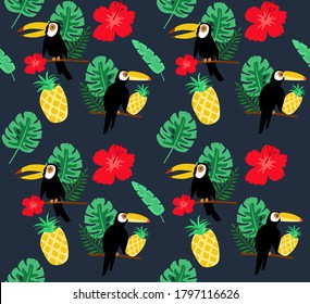 Seamless pattern with tucan, tropical leaves, flowers and pineapple