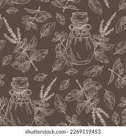 Seamless pattern with tulasi: holy basil plant, tulasi leaves and bottle of tulasi essential oil. Sacred plant. Cosmetic, perfumery and medical plant