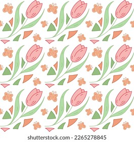 Seamless pattern tulip, butterfly, triangle. Spring geometric vector pattern red, green color. Design for background, card, poster, coves, scrapbooking, textile, fabric, gift paper, banners, notebook.