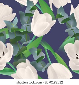Seamless pattern with tulip and eucalyptus flowers. Background for printing fabrics, paper, textiles. Vector flowers. Spring summer pattern