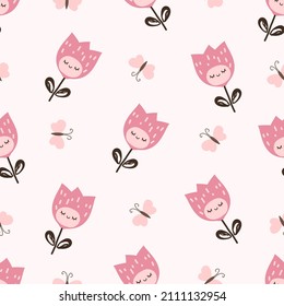 Seamless pattern with tulip flower cartoons and butterflies on pink background. Nursery wallpaper, textile or wrapping paper vector illustration.  
