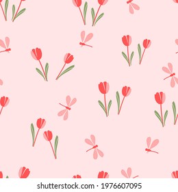 Seamless pattern with tulip flower and dragonflies on pink background vector illustration. Cute floral print.