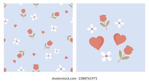 Seamless pattern with tulip flower, heart and white flower on purple background. Red heart, tulip and white flower vector.