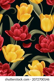 Seamless pattern of Tulip flower with leaf background template. Vector set of floral element for tropical print, wedding invitations, greeting card, brochure, banners and fashion design.