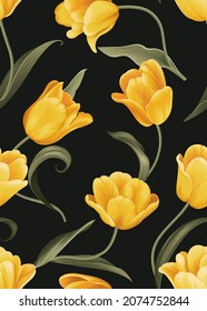 Seamless pattern of Tulip flower with leaf background template. Vector set of floral element for tropical print, wedding invitations, greeting card, brochure, banners and fashion design.