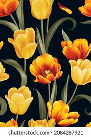 Seamless pattern of Tulip flower with leaf background template. Vector set of floral element for tropical print, wedding invitations, greeting card, brochure, banners and fashion design.