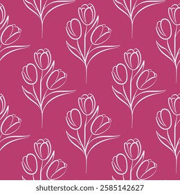 Seamless pattern with tulip flower in line art style on pink background. Floral hand drawn design for textile, wall art, fabric, wedding invitation, cover.