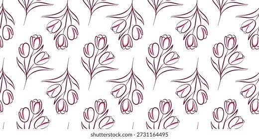 Seamless pattern with tulip flower in line art style. Ideal for textile, wallpaper, stationery, wrapping paper and spring design.