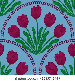 Seamless pattern tulip flower surrounded by scallop pattern chain. Elegant and feminine flower pattern for art decoration, wallpaper, textile, wrapping paper.