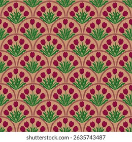 Padrão sem costura tulipa flor cercado por padrão de vieira cadeia. Elegante e feminino padrão de flor para decoração de arte, papel de parede, têxtil, papel de embrulho.