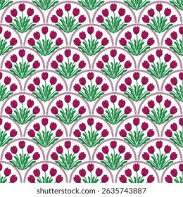 Seamless pattern tulip flower surrounded by scallop pattern chain. Elegant and feminine flower pattern for art decoration, wallpaper, textile, wrapping paper.