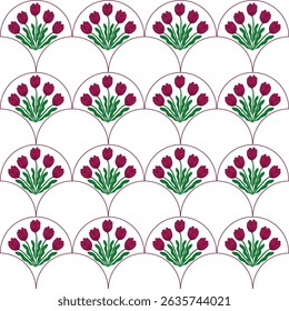 Seamless pattern tulip flower surrounded by scallop pattern. Elegant and feminine flower pattern for art decoration, wallpaper, textile, wrapping paper.
