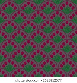 Seamless pattern tulip flower surrounded by scallop pattern chain. Elegant and feminine flower pattern for art decoration, wallpaper, textile, wrapping paper.