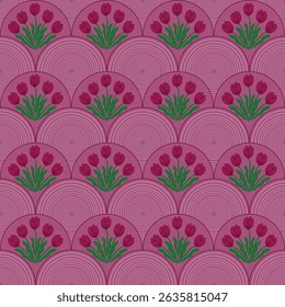 Seamless pattern tulip flower surrounded by scallop pattern. Elegant and feminine flower pattern for art decoration, wallpaper, textile, wrapping paper.