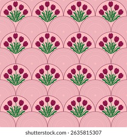 Seamless pattern tulip flower surrounded by scallop pattern. Elegant and feminine flower pattern for art decoration, wallpaper, textile, wrapping paper.