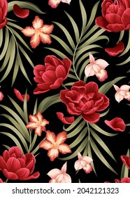 Seamless pattern of Tulip flowers background template. Vector set of floral element for tropical print, wedding invitations, greeting card, brochure, banners and fashion design.