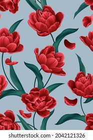 Seamless pattern of Tulip flowers background template. Vector set of floral element for tropical print, wedding invitations, greeting card, brochure, banners and fashion design.