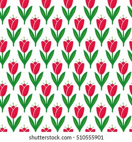 Seamless pattern of tulip flowers in a bright red color on white background. Vector texture.