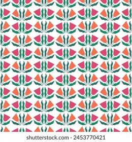 Seamless pattern with tulip flowers. Colorful checkered floral background. Modern trendy minimal style. Surface cover design. Fabric textile print.