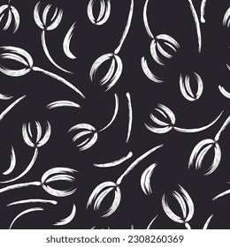 Seamless pattern with tulip. Flowers are drawn by hand. Brush strokes. Ink sketch. Monochrome background. Black and white background for botanical design