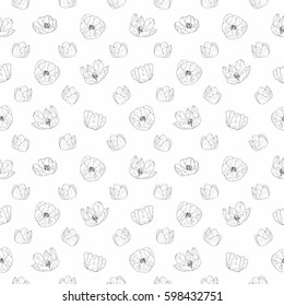 Seamless pattern of a tulip flowers. Hand drawn style summer and summer tulips sketch. Elegant floral element for design.It can be used for decorating of invitations, greeting cards, wrapping.