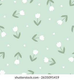 Seamless pattern of tulip flowers and hearts for Valentine`s Day or celebration. Hand-drawn doodle white tulip and hearts for fabric, scarves, cards, scrapbooks, wrapping paper, and textiles.