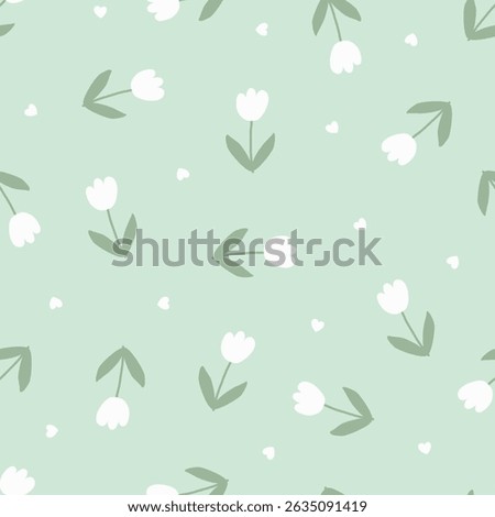 Seamless pattern of tulip flowers and hearts for Valentine`s Day or celebration. Hand-drawn doodle white tulip and hearts for fabric, scarves, cards, scrapbooks, wrapping paper, and textiles.