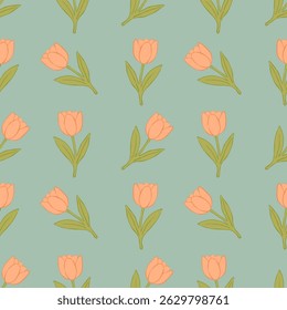 Seamless pattern of tulip flowers and leaves in flat style with soft pastel tones. Ideal for fabric design, spring decoration, wrapping paper, and botanical backgrounds.
