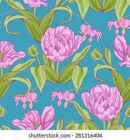 seamless pattern of tulip flowers with leaves