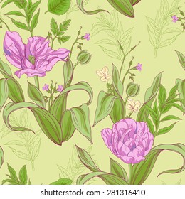 seamless pattern of tulip flowers with leaves 2