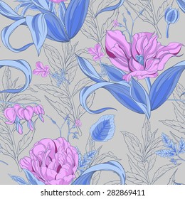 seamless pattern of tulip flowers with leaves 4