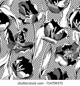 Padrão sem costura com uma Tulipa flores e folhas em um fundo geométrico. Ilustração em preto e branco vetorial.