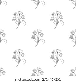 Seamless pattern with tulip flowers in a minimal black line art style on a white background. Minimalist floral design for textiles, wallpapers, wrapping paper, stationery. 