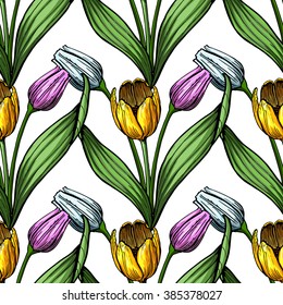 Seamless pattern of tulip flowers on a white background.