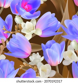 Seamless pattern with tulip and freesia flowers. Background for printing fabrics, paper, textiles. Vector flowers. Spring summer pattern