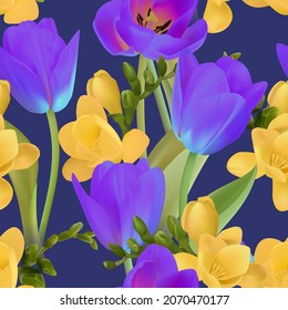 Seamless pattern with tulip and freesia flowers. Background for printing fabrics, paper, textiles. Vector flowers. Spring summer pattern