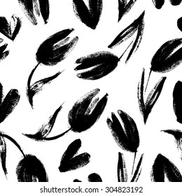 Seamless pattern with tulip hand drawn painting. Dry brush. Ink illustration. Spring vintage background. Elegant backdrop. Seamless pattern for invitation or greeting card. Flowers and hearts.