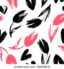 Seamless pattern with tulip hand drawn painting. Dry brush. Ink illustration. Spring vintage background. Elegant backdrop. Seamless pattern for invitation or greeting card. Flowers and hearts.